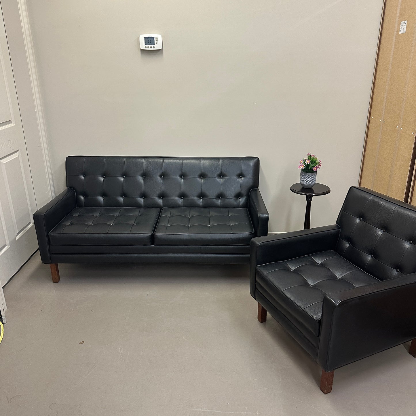 Vintage MCM Tufted Sofa Leather Look + Lounge Chair