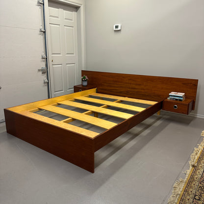 Mid-Century Modern Teak Bed w/ Floating Nightstands