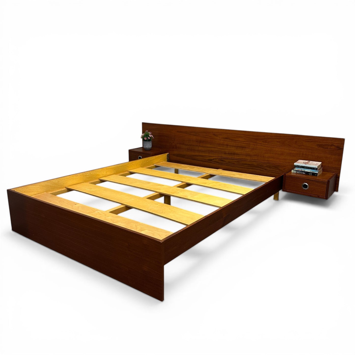 Mid-Century Modern Teak Bed w/ Floating Nightstands