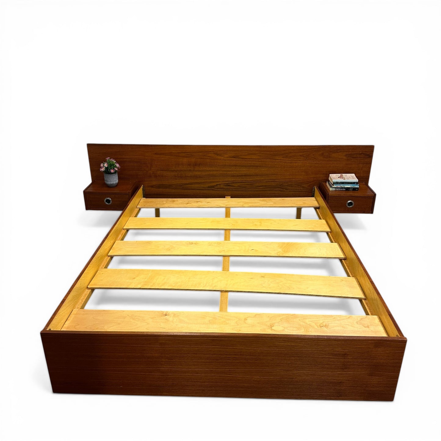 Mid-Century Modern Teak Bed w/ Floating Nightstands