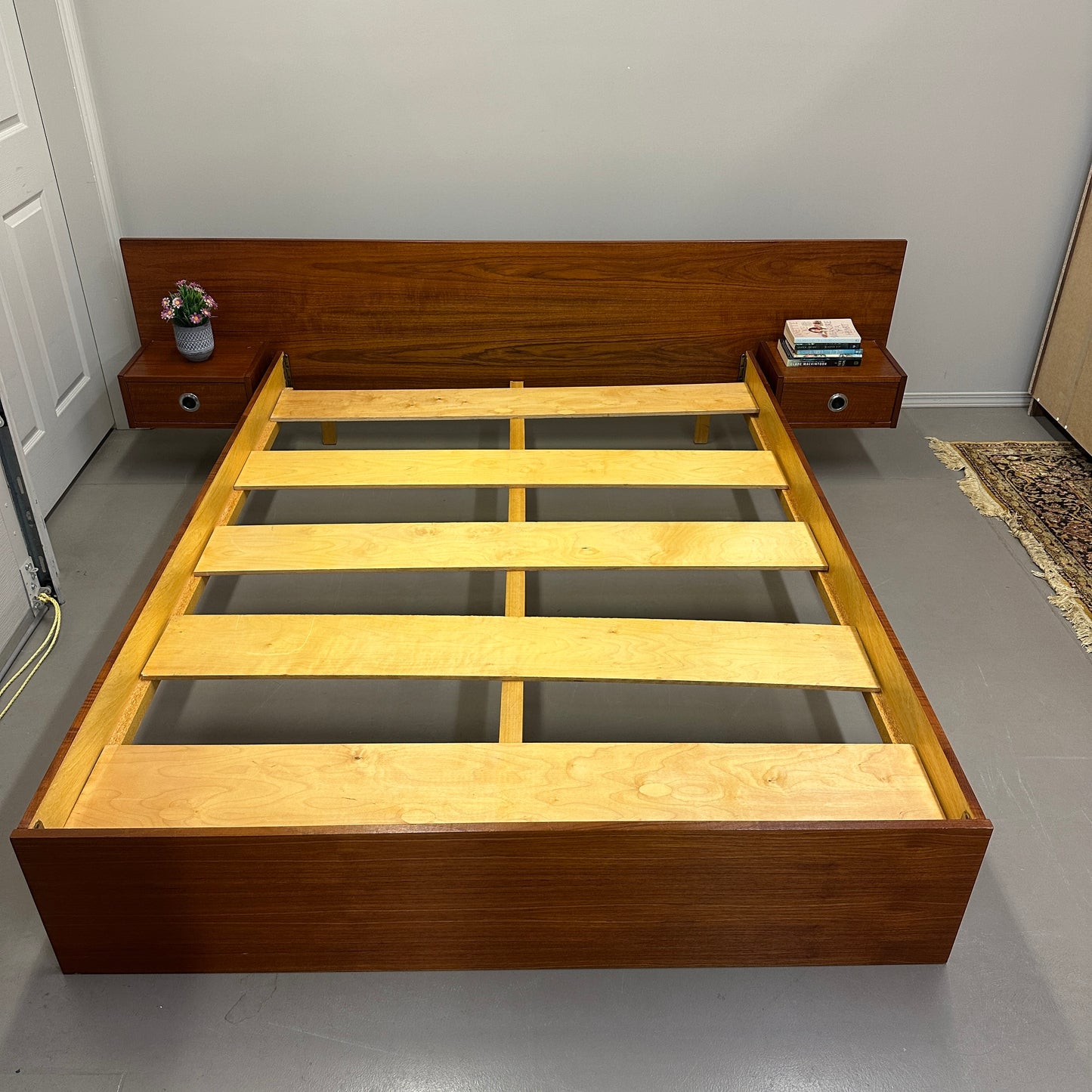Mid-Century Modern Teak Bed w/ Floating Nightstands