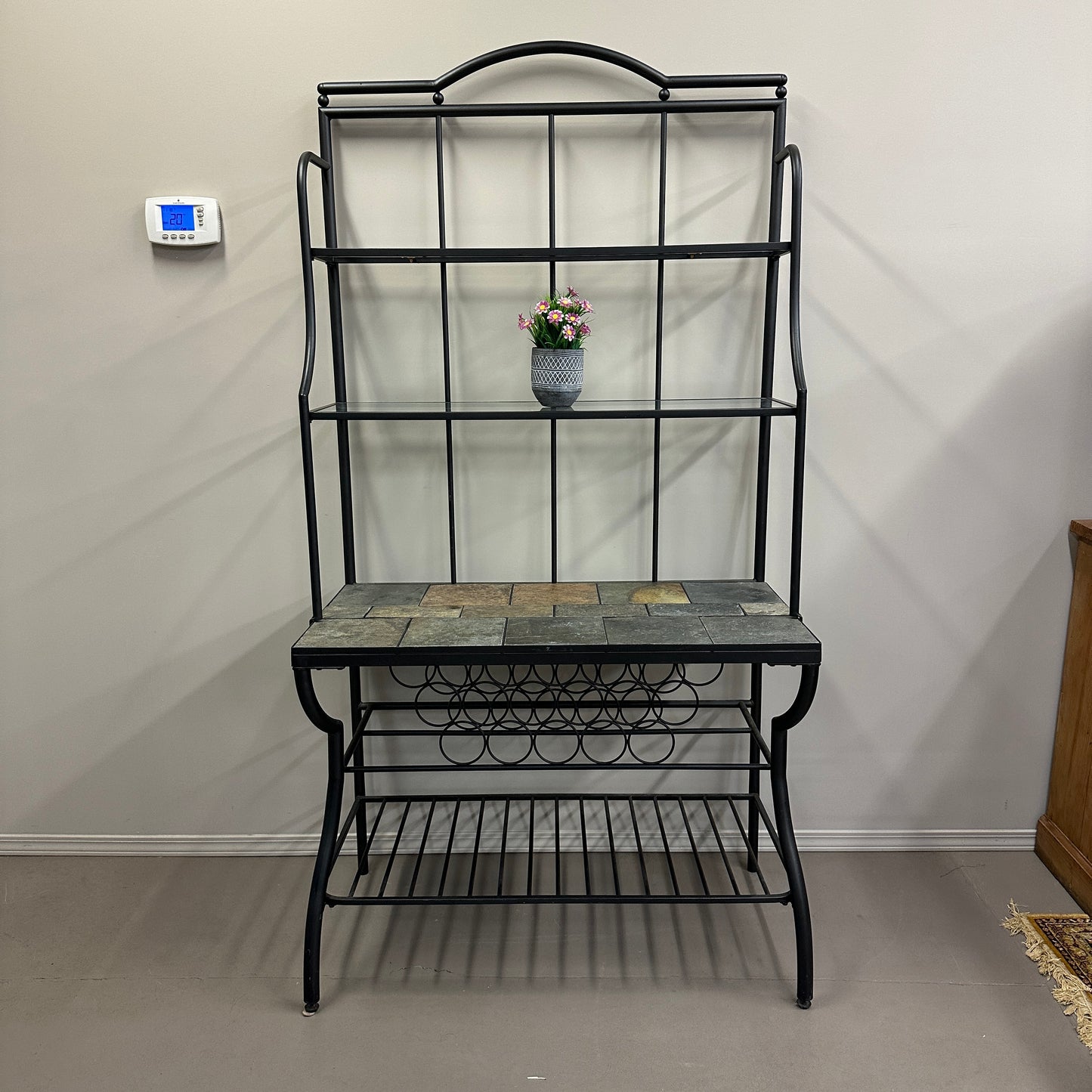 Metal Baker’s Rack with Tile Top & Glass Shelf Wine Storage