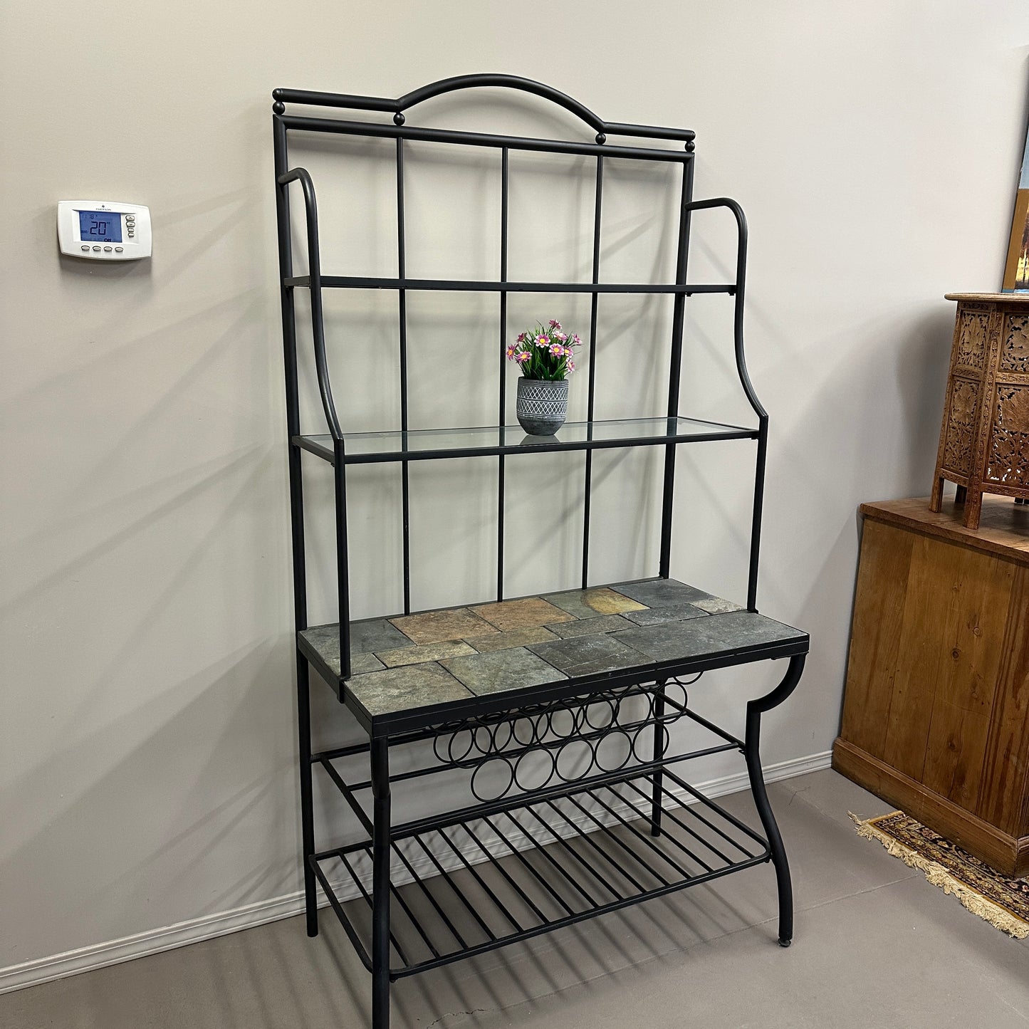 Metal Baker’s Rack with Tile Top & Glass Shelf Wine Storage