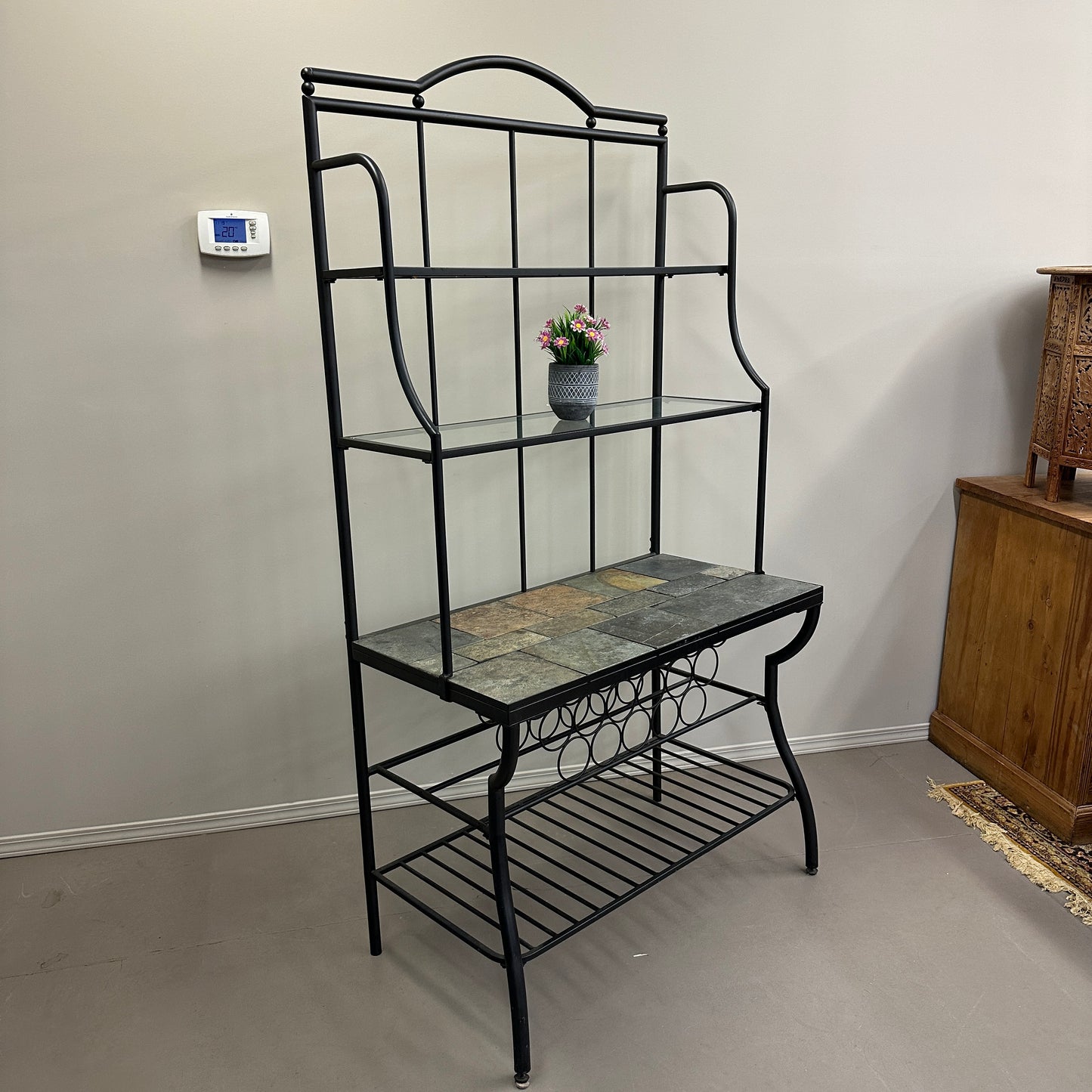 Metal Baker’s Rack with Tile Top & Glass Shelf Wine Storage