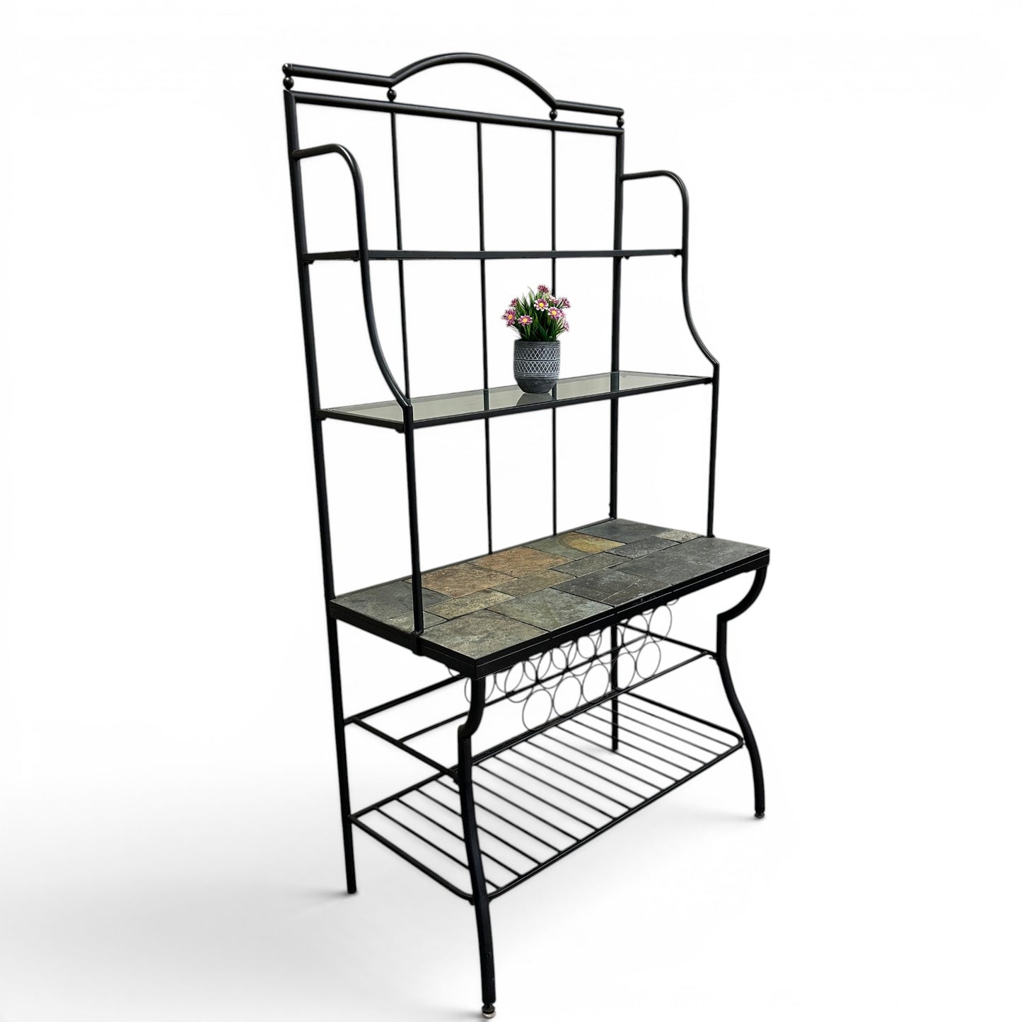 Metal Baker’s Rack with Tile Top & Glass Shelf Wine Storage