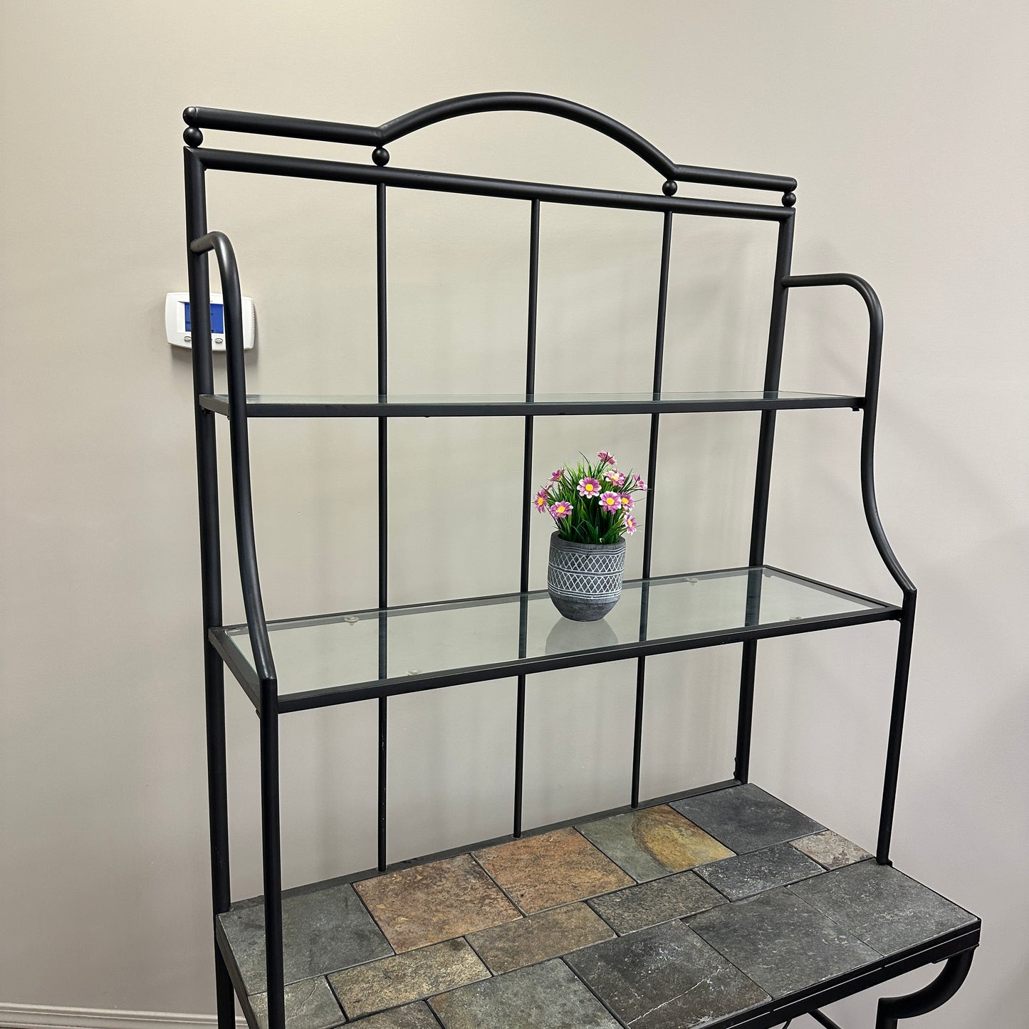 Metal Baker’s Rack with Tile Top & Glass Shelf Wine Storage