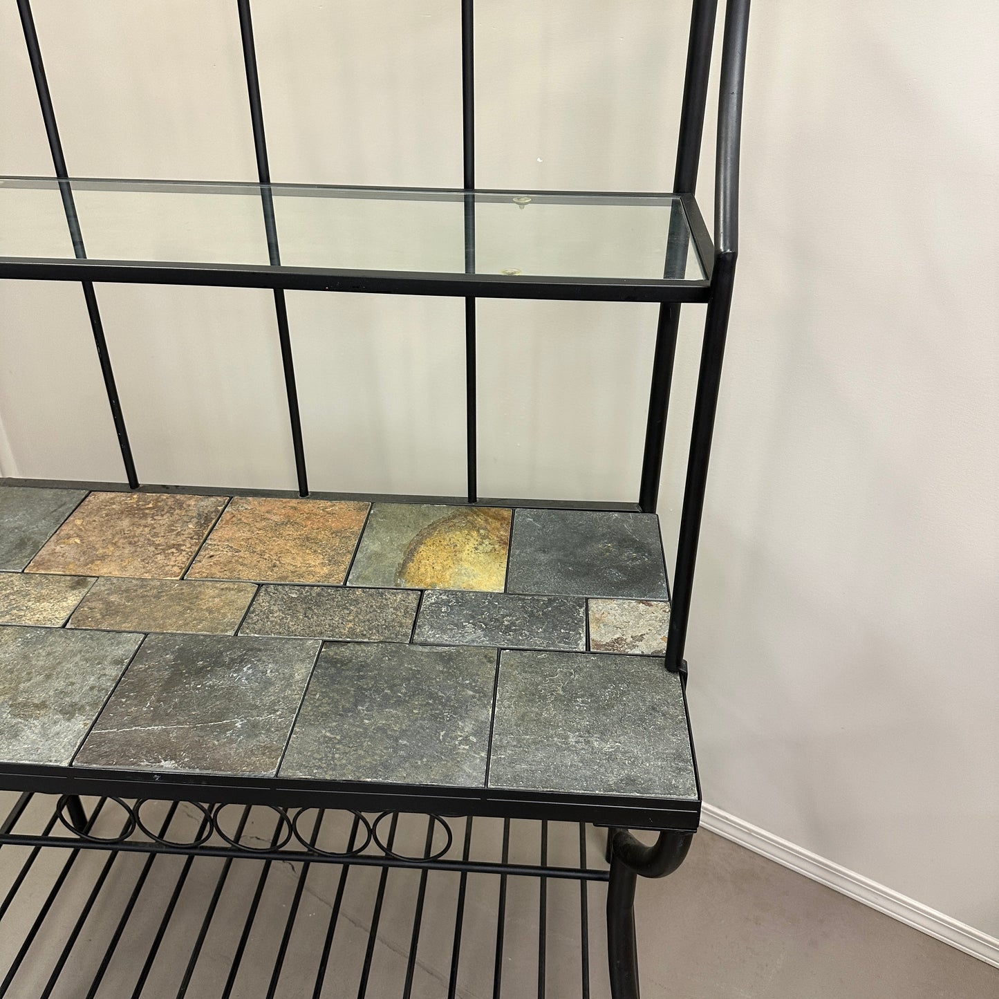 Metal Baker’s Rack with Tile Top & Glass Shelf Wine Storage