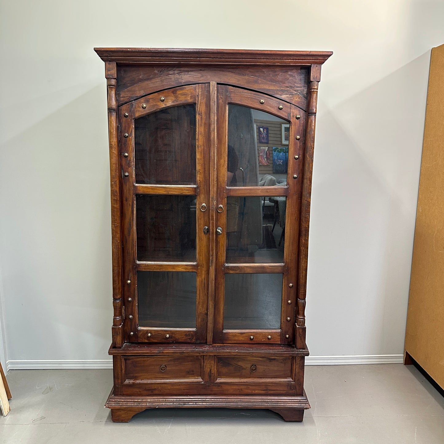 Vintage Indian Teak Display Cabinet with Brass Studs