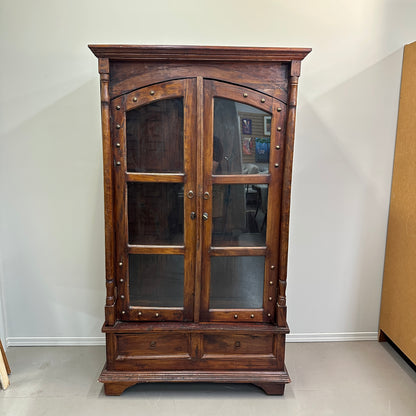 Vintage Indian Teak Display Cabinet with Brass Studs