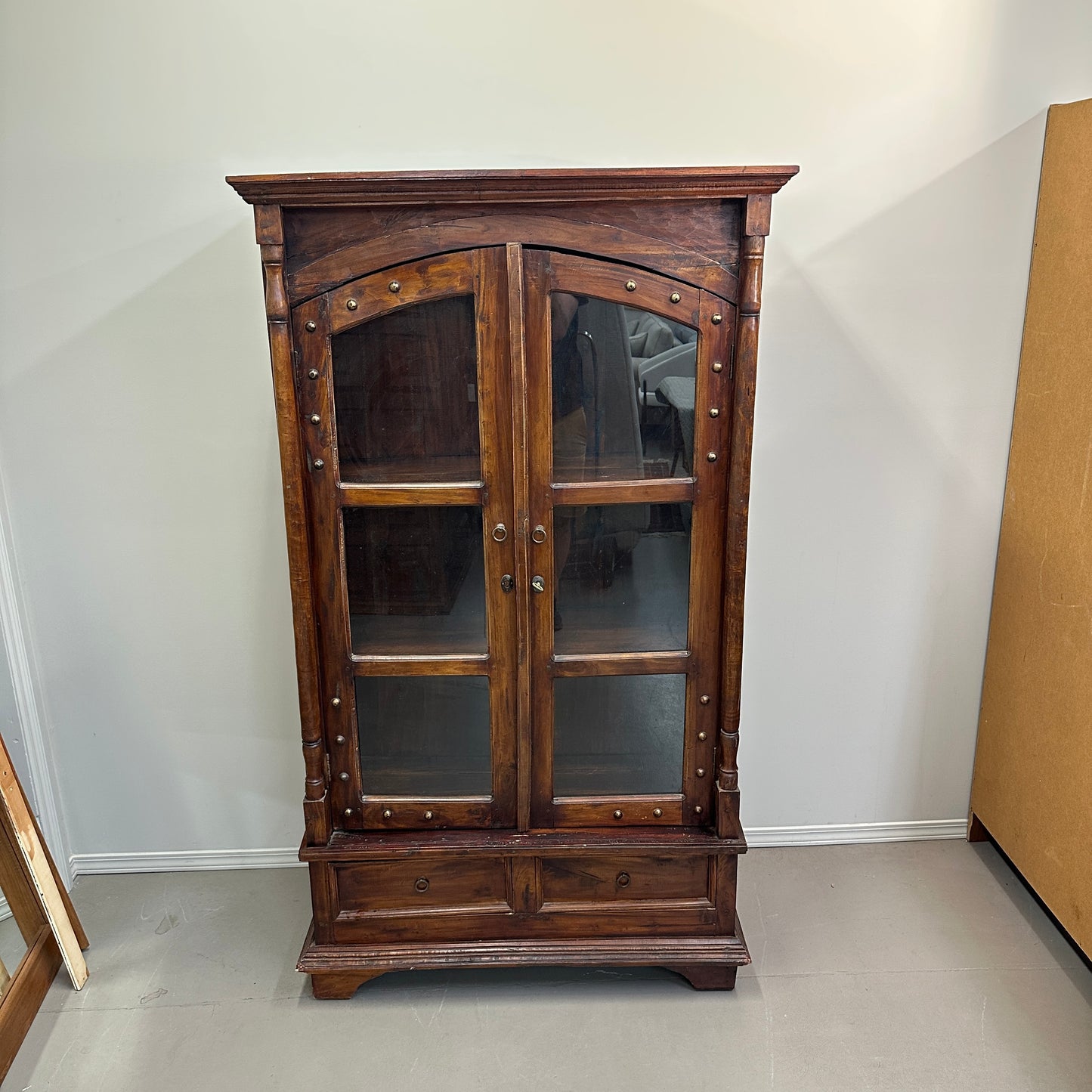 Vintage Indian Teak Display Cabinet with Brass Studs