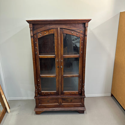 Vintage Indian Teak Display Cabinet with Brass Studs