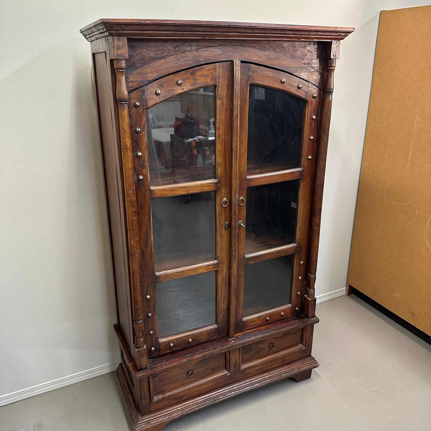 Vintage Indian Teak Display Cabinet with Brass Studs