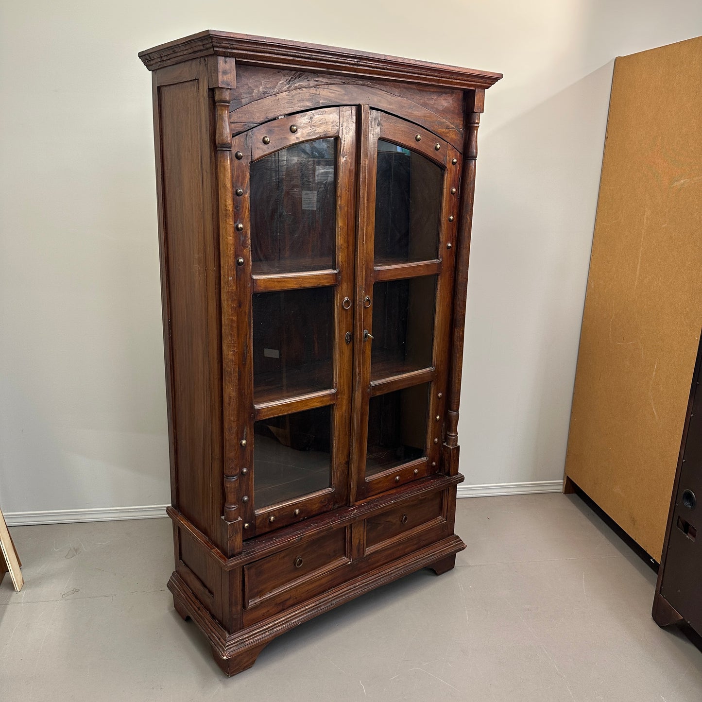 Vintage Indian Teak Display Cabinet with Brass Studs