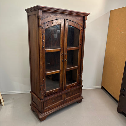 Vintage Indian Teak Display Cabinet with Brass Studs