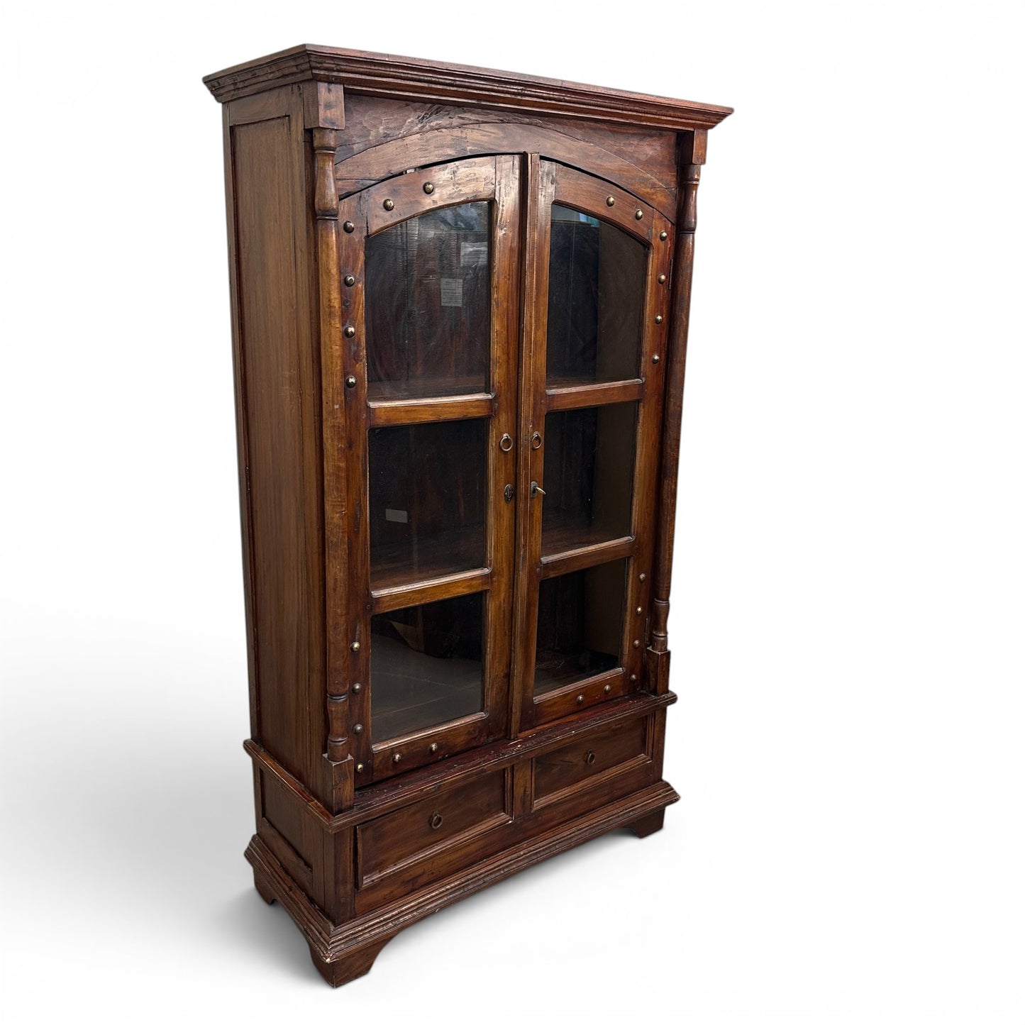Vintage Indian Teak Display Cabinet with Brass Studs