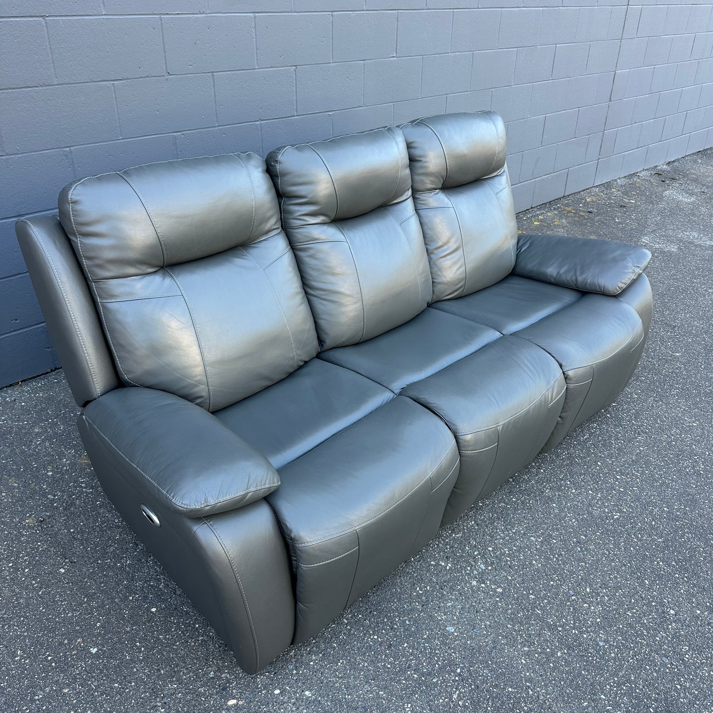 Grey Leather Power Recliner Sofa