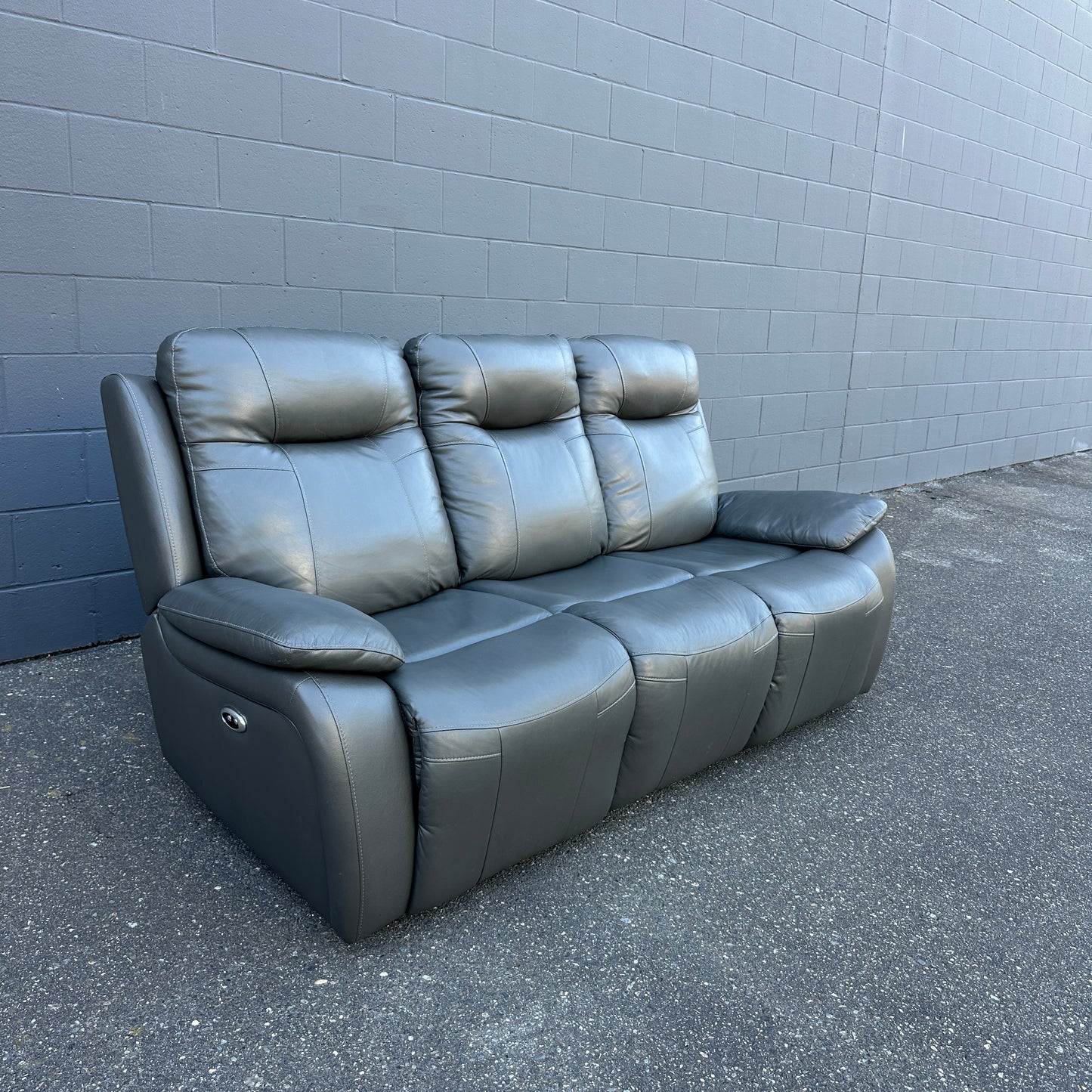 Grey Leather Power Recliner Sofa