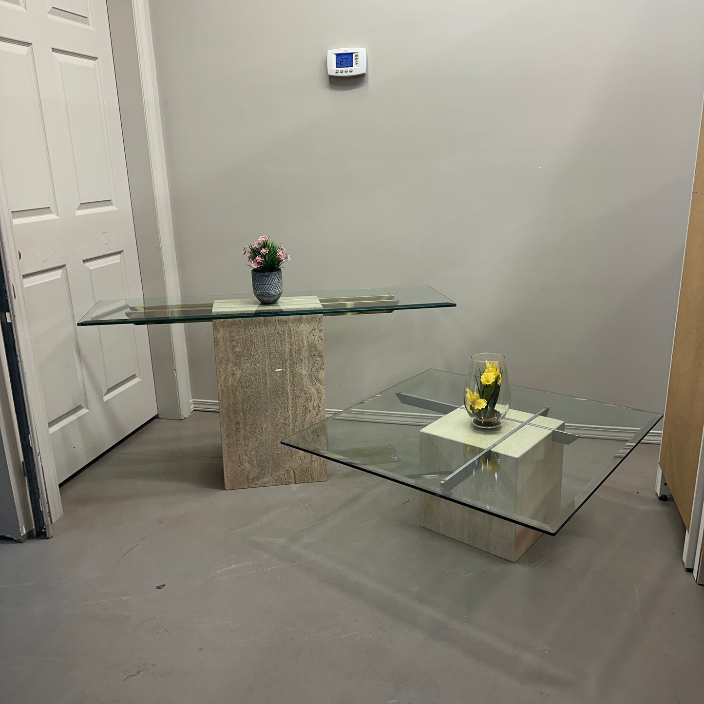 Travertine Stone & Brass Sofa Table and Coffee Table (set)