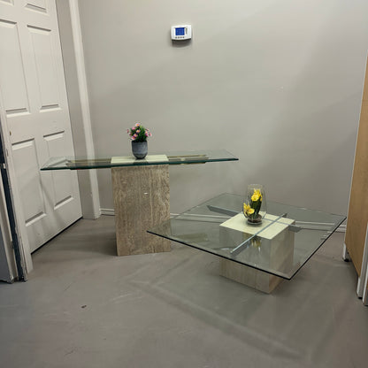 Travertine Stone & Brass Sofa Table and Coffee Table (set)