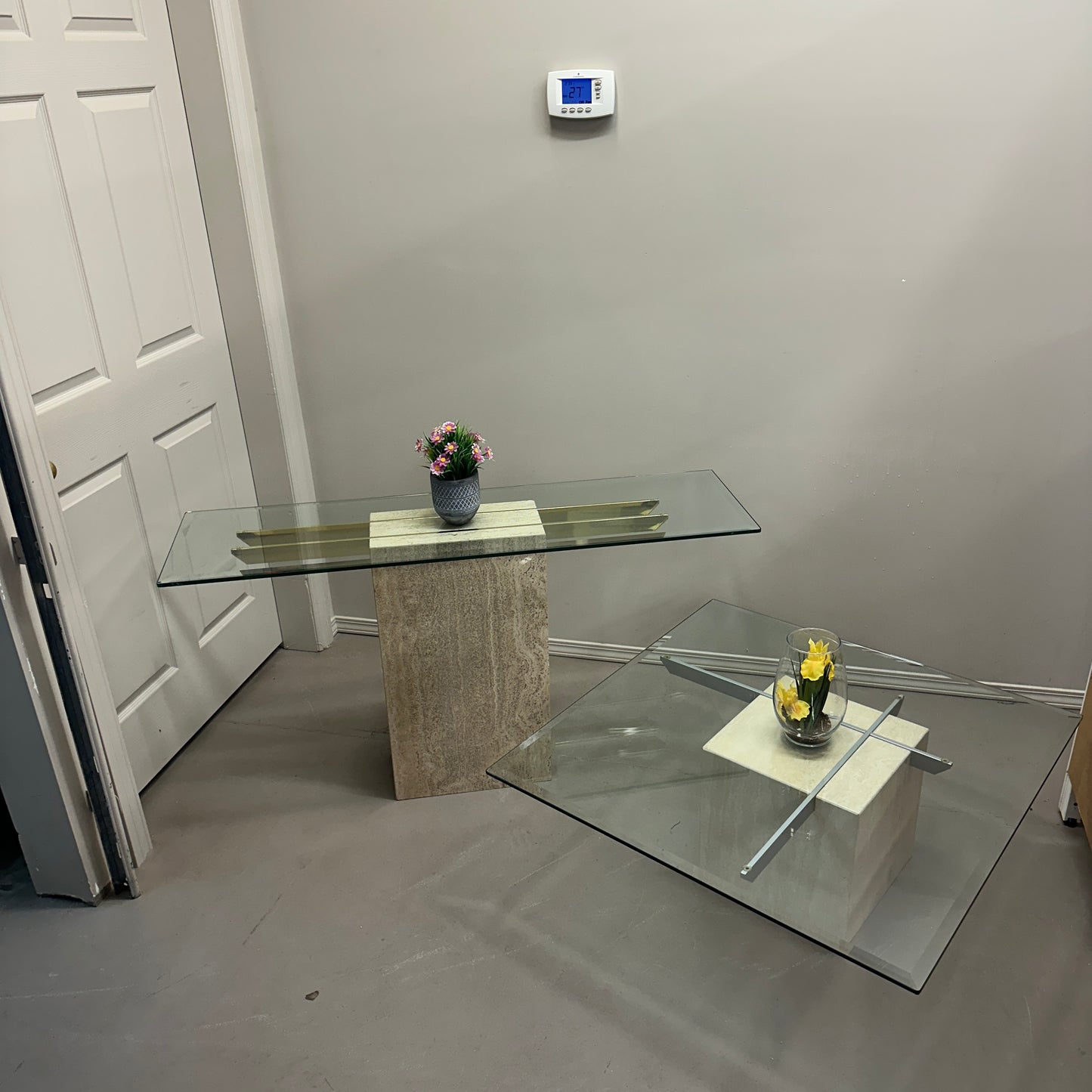 Travertine Stone & Brass Sofa Table and Coffee Table (set)