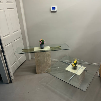 Travertine Stone & Brass Sofa Table and Coffee Table (set)