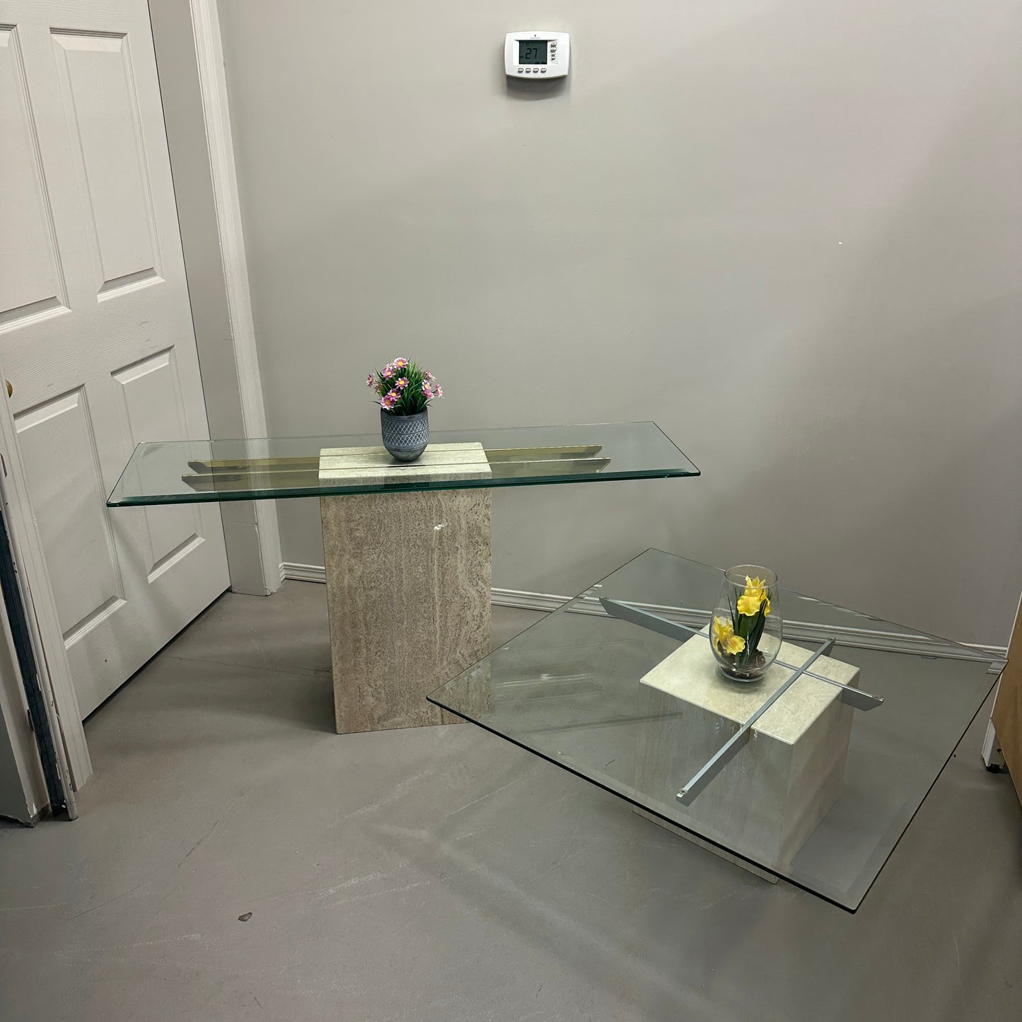 Travertine Stone & Brass Sofa Table and Coffee Table (set)