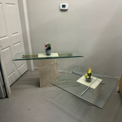 Travertine Stone & Brass Sofa Table and Coffee Table (set)