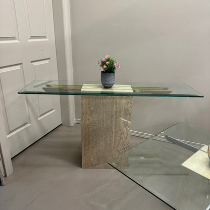 Travertine Stone & Brass Sofa Table and Coffee Table (set)