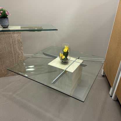 Travertine Stone & Brass Sofa Table and Coffee Table (set)