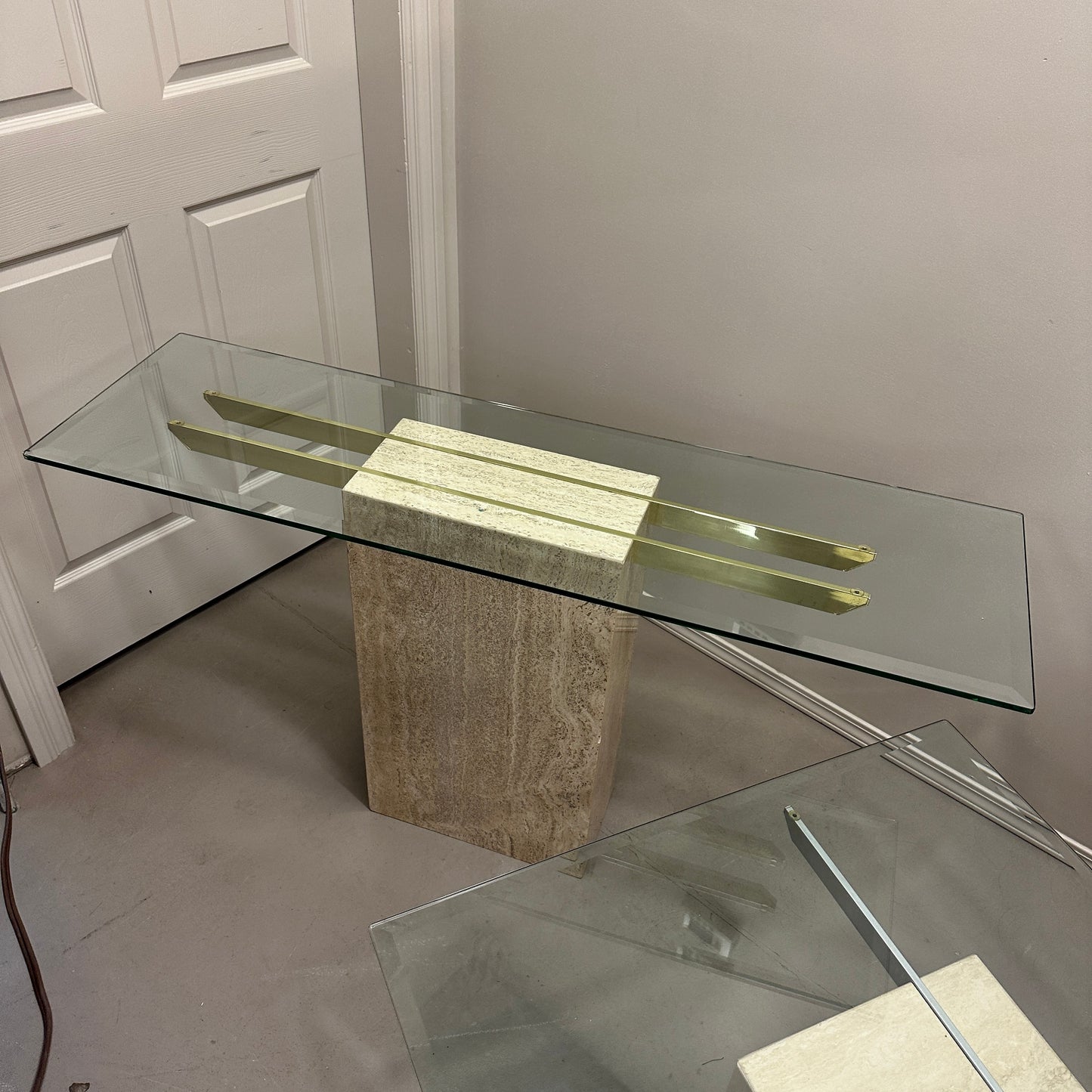 Travertine Stone & Brass Sofa Table and Coffee Table (set)