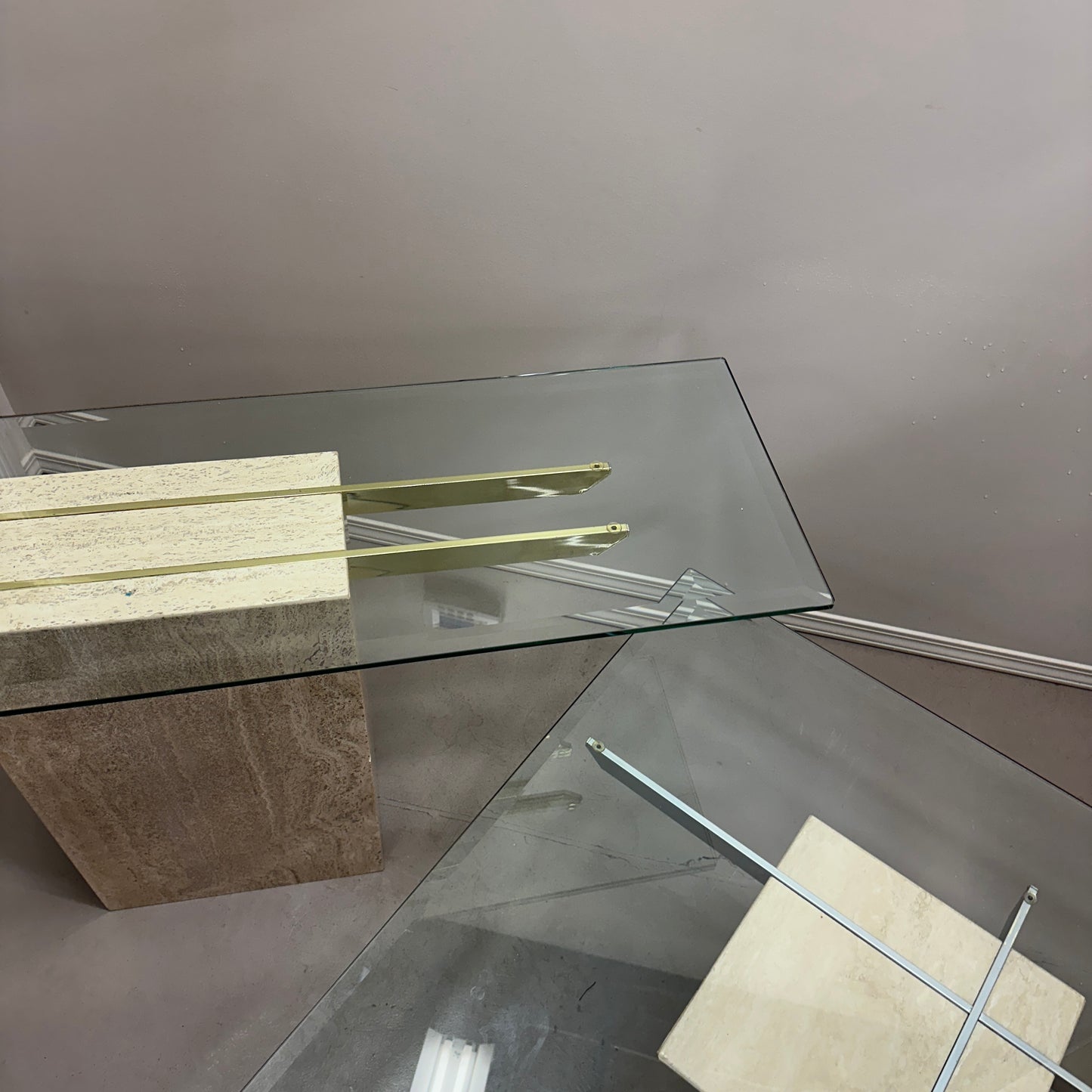 Travertine Stone & Brass Sofa Table and Coffee Table (set)