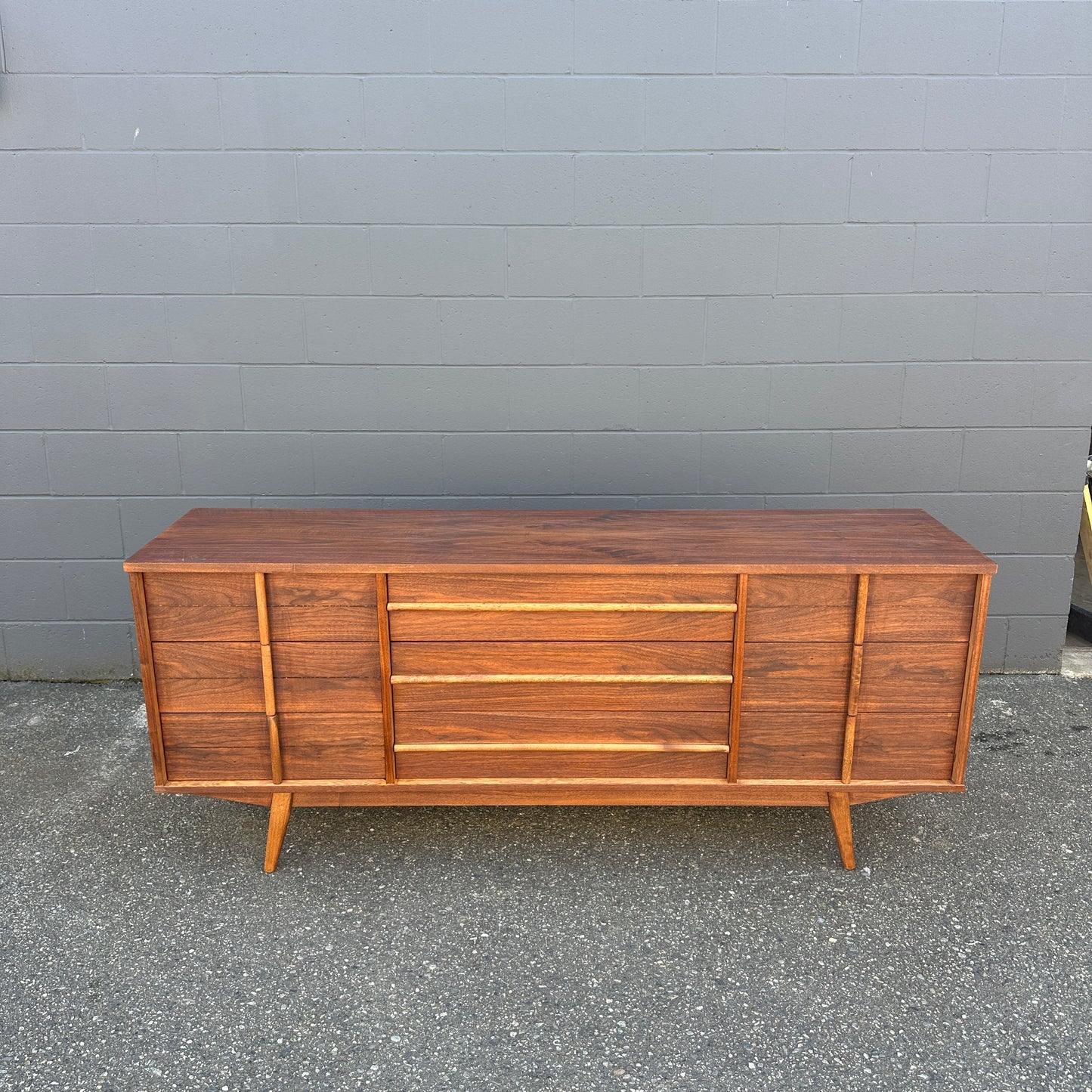 Mid-Century Walnut Nine Drawers Credenza