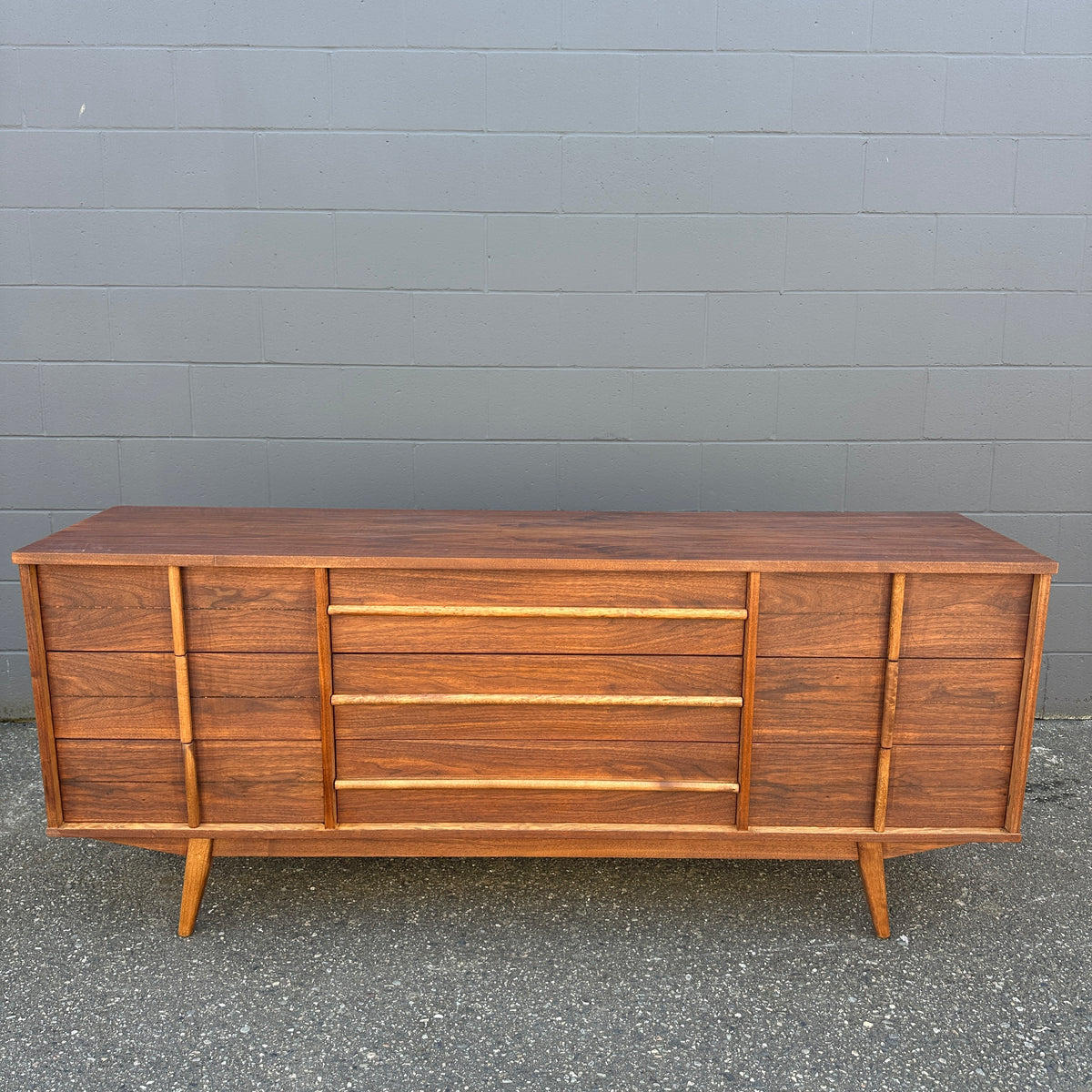 Mid-Century Walnut Nine Drawers Credenza