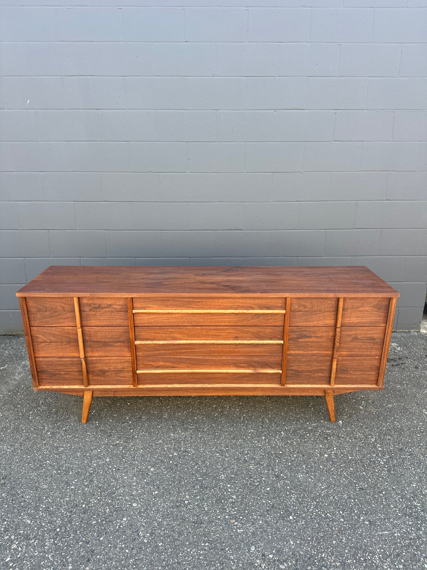Mid-Century Walnut Nine Drawers Credenza