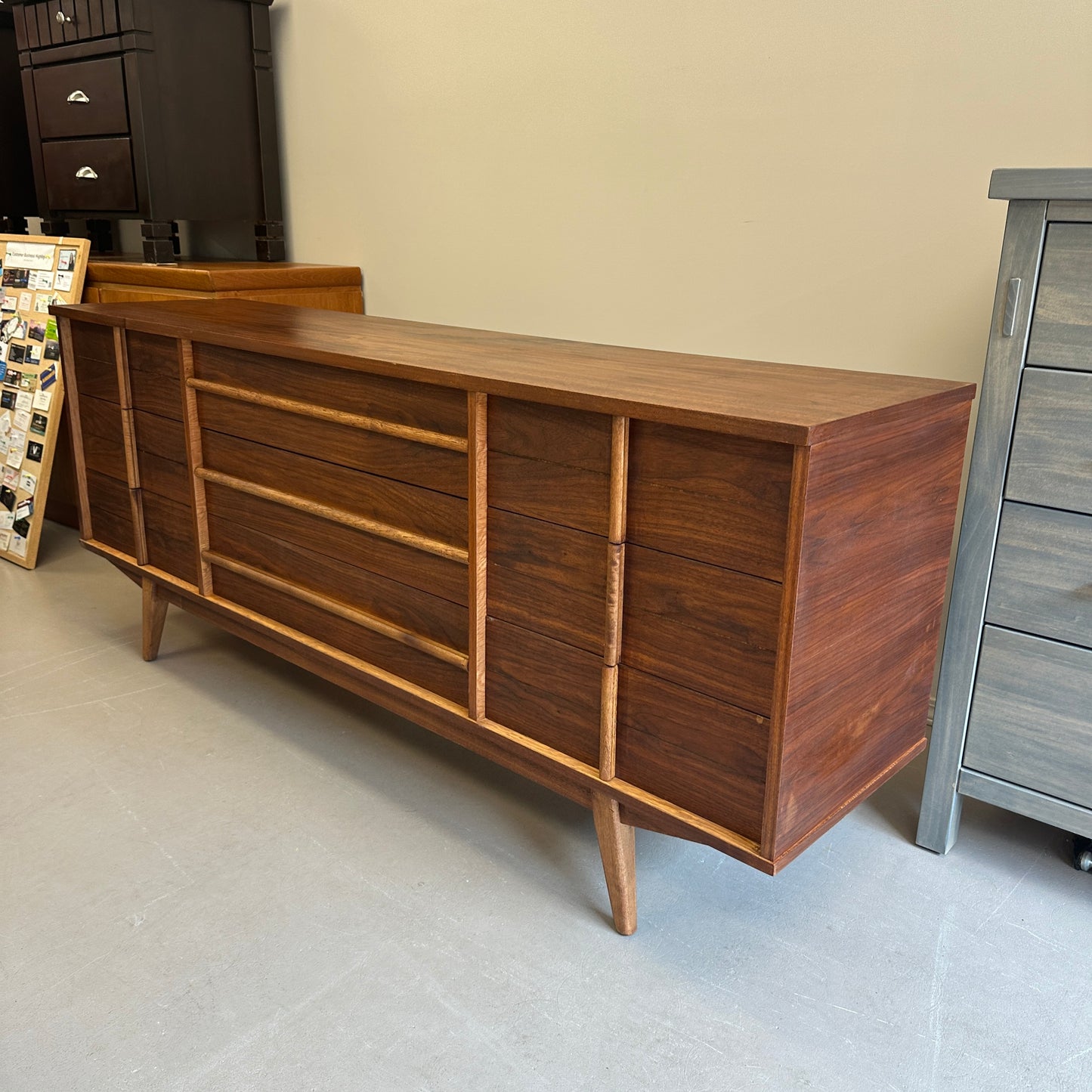 Mid-Century Walnut Nine Drawers Credenza