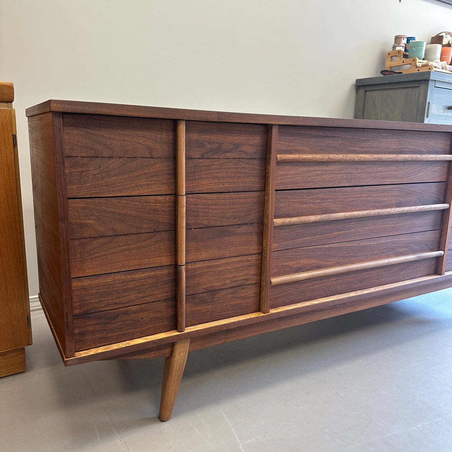 Mid-Century Walnut Nine Drawers Credenza
