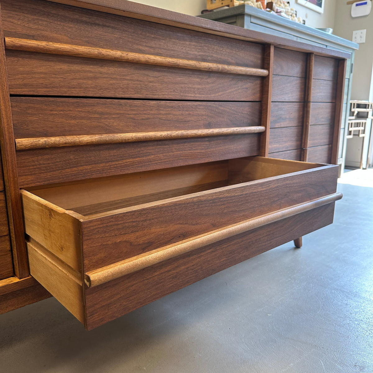 Mid-Century Walnut Nine Drawers Credenza