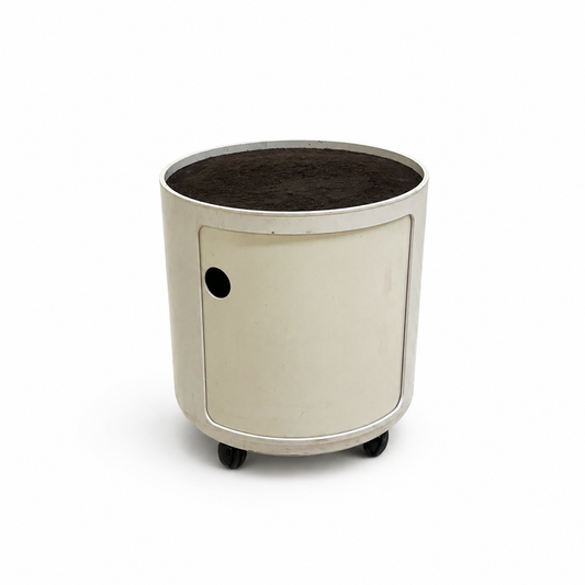 Vintage Binasco Milano round rolling bedside table on white background