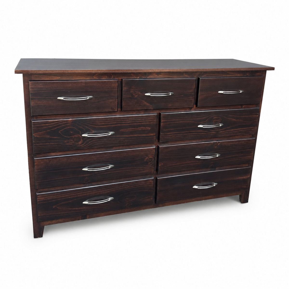 Dark brown solid wood nine-drawer dresser on a white background