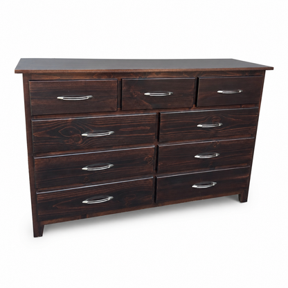 Dark brown solid wood nine-drawer dresser on a white background