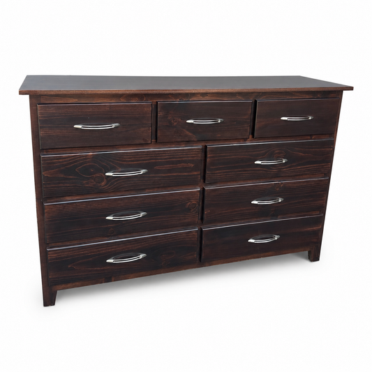 Dark brown solid wood nine-drawer dresser on a white background