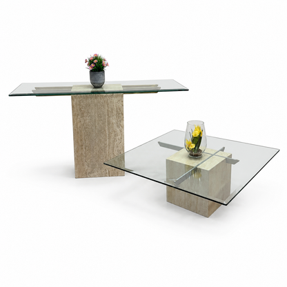 Travertine Stone & Brass Sofa Table and Coffee Table (set)
