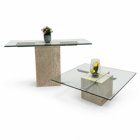 Travertine Stone & Brass Sofa Table and Coffee Table (set)
