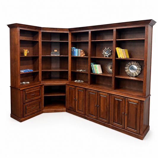 Modular mahogany corner library wall unit on a white background, angled view