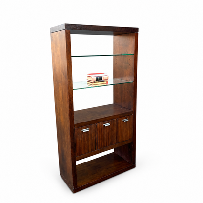 Modern bookshelf with glass shelves and drawers on a white background