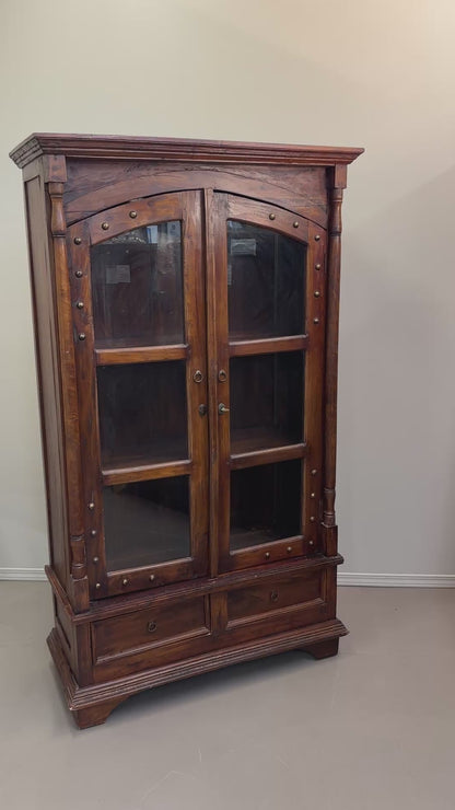 Vintage Indian Teak Display Cabinet with Brass Studs