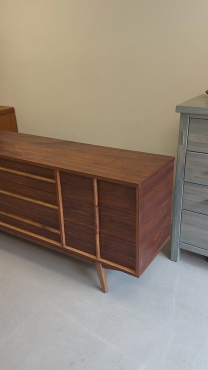 Mid-Century Walnut Nine Drawers Credenza