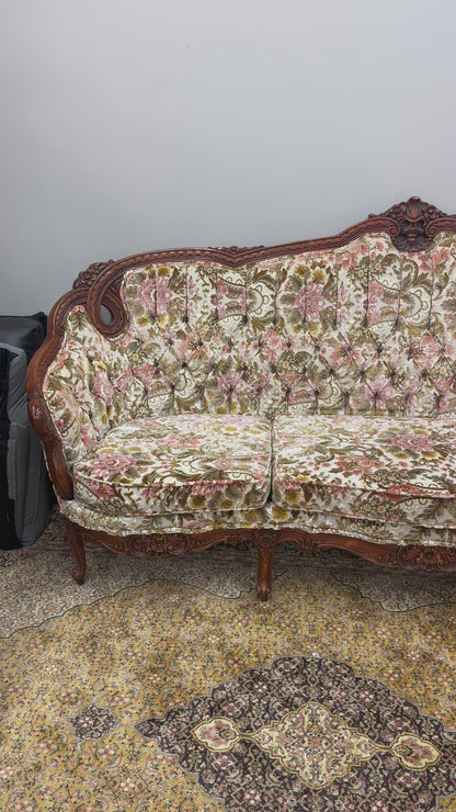 French Victorian-Style Floral Couch and Armchair