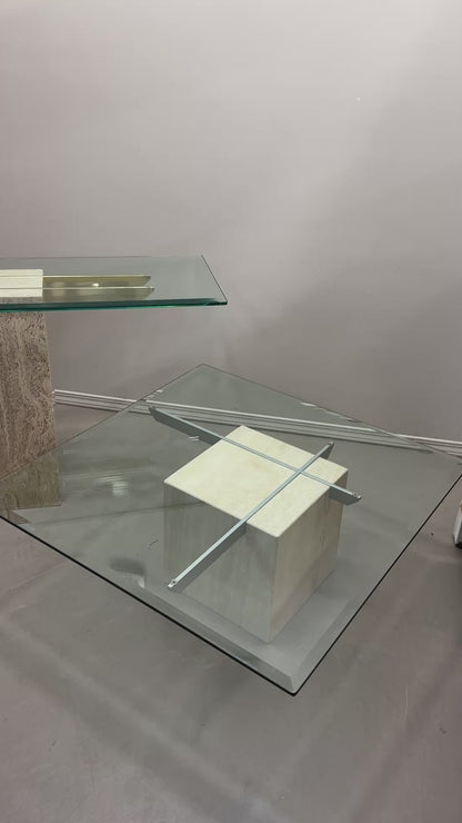 Travertine Stone & Brass Sofa Table and Coffee Table (set)
