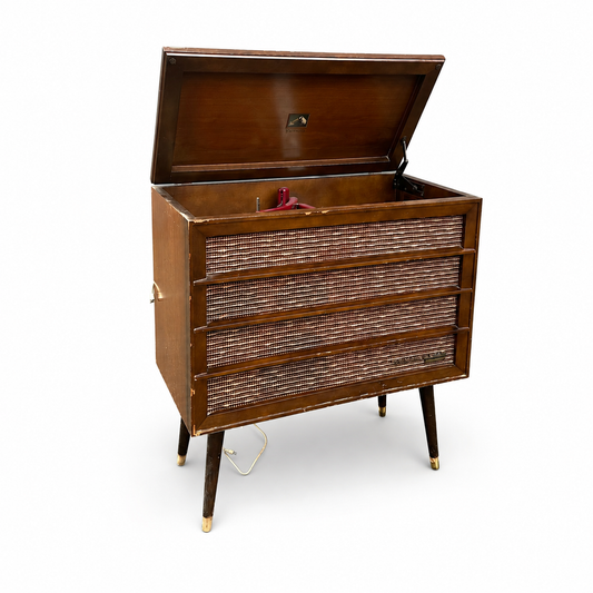 Mid-century RCA record player cabinet with lid open